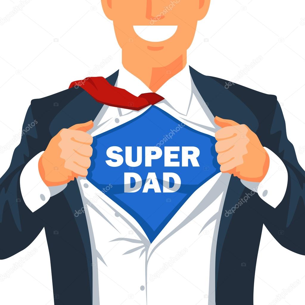 Guy rips his shirt to show the inscription Super Dad. Young businessman. Vector illustration on white background. Excellent gift card Father's Day.