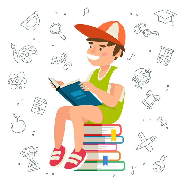 Boy reading a book sitting on a pile of books — Stock Vector