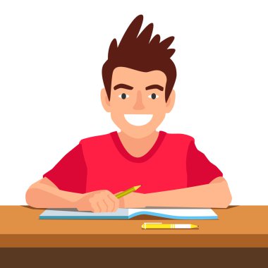Komik çocuk okulda masada oturan