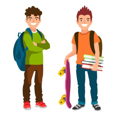 Sırt çantaları, kitap ve kaykay ile iki öğrenci