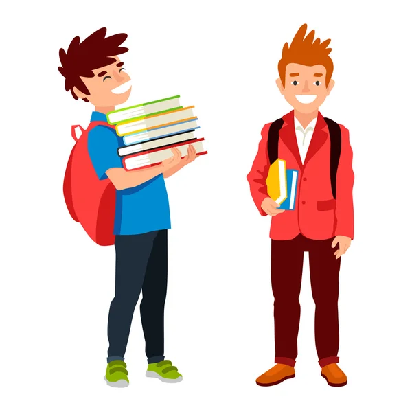 Dos estudiantes con mochila y libros — Vector de stock