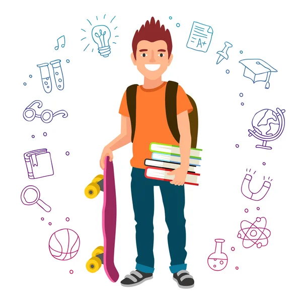 Jongen student met een rugzak, boeken en skateboard — Stockvector