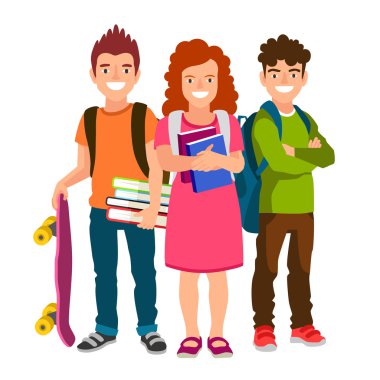 Öğrenciler sırt çantaları, kitap ve kaykay ile
