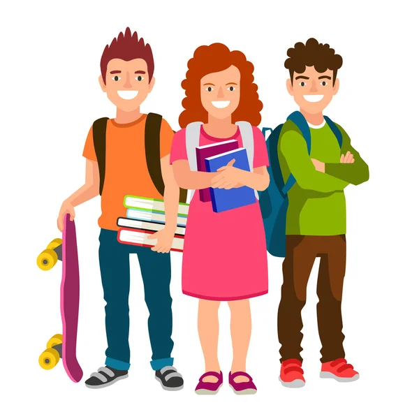 Студенты с рюкзаками, книгами и скейтбордом — стоковый вектор
