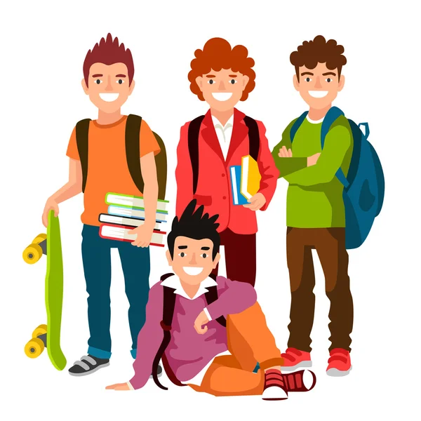 Sırt çantaları ve ders kitapları ile öğrenciler komik grup