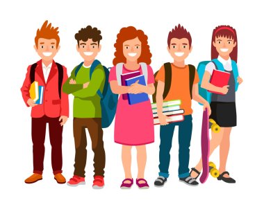 Funny group of schoolchildren with backpacks and textbooks clipart