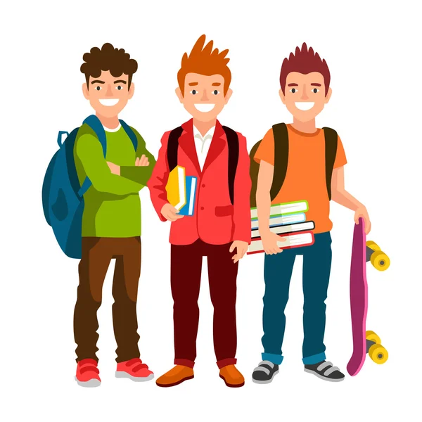 Sırt çantaları ve ders kitapları ile öğrenciler komik grup