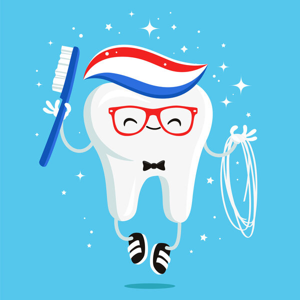 Счастливый здоровый зуб с зубной пастой и зубной нитью
