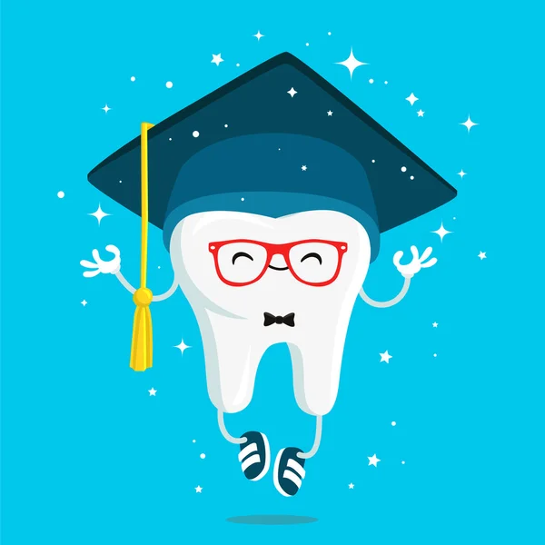 Happy healthy wisdom tooth in the cap of the graduate — Stock Vector