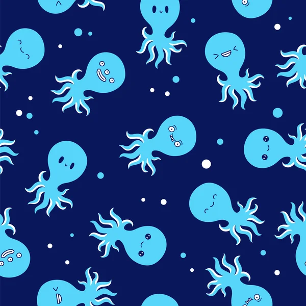 Seamless vector pattern of  blue octopus with different emotions — Stock Vector