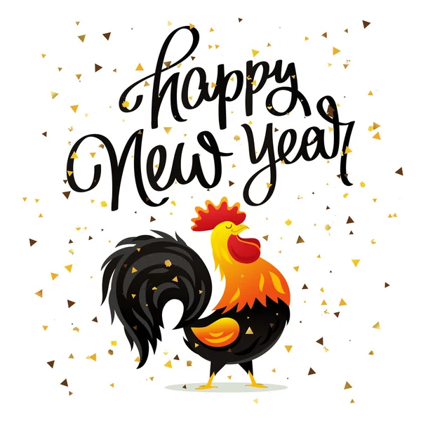 Disegno di gallo e citazione felice anno nuovo — Vettoriale Stock