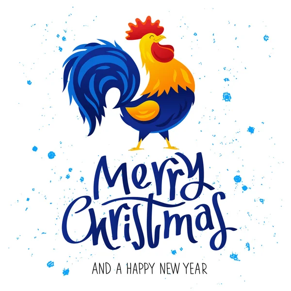 Buon Natale e Felice Anno Nuovo e disegno di gallo — Vettoriale Stock
