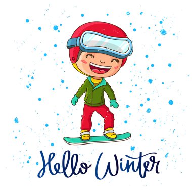 Neşeli çocuk bir snowboard üzerinde