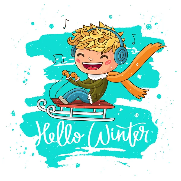 Hello Winter. Cheerful boy on a sled — Stock Vector