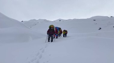 Büyük sırt çantalı bir grup turist karla kaplı bir patika boyunca yürüyorlar. Klyuchevskoy volkan parkında gezinti. Kamçatka Yarımadası 'na git..