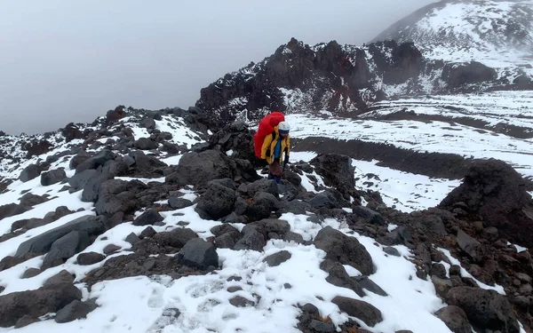 氷の斧を持つ冒険家登山家は 雪に覆われたトレイルに沿って火山の頂上に行きます クリウチェフスキー火山公園でのトレッキング カムチャツカ半島への旅行 — ストック写真