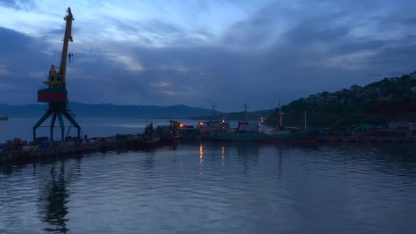 ペトロパブロフスク カムチャツキーの港 カムチャツカの港クレーン ボート 丘や山の空中ビュー カムチャツカ半島への旅行 — ストック動画