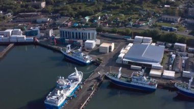 KAMCHATKA PENINSULA, RUSSIA - 11 Eylül 2020: Petropavlovsk-Kamchatsky Limanı. İskele vinçleri, konteynırlar ve gemiler. Kamçatka Yarımadası 'na git. Avacha Körfezi 'nin havadan görüntüsü.