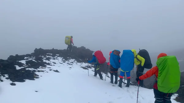 Büyük Sırt Çantalı Bir Grup Turist Bir Destenin Içinde Klyuchevskoy — Stok fotoğraf