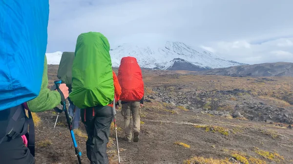 Grupo Turistas Con Grandes Mochilas Van Los Volcanes Nevados Kamchatka — Foto de Stock