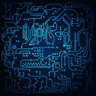 Devre kartı geçmişi. Vektör elektronik arka plan. Koyu mavi devre.