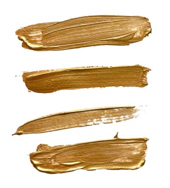 Altın folyo, altın yaprak. Beyaz arka planda güzel desenli altın vuruşlar. Altın boya fırça darbeleri koleksiyonu.