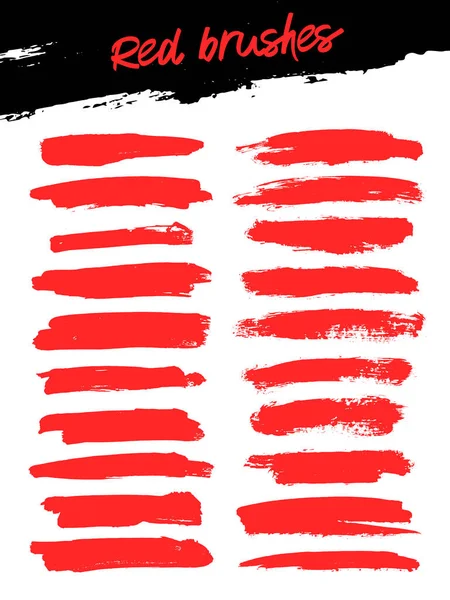 Collection Red Brush Strokes Drawn Hand Vector Illustration Isolated White — Stock Vector