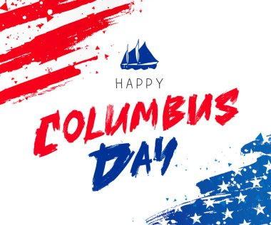 Columbus Günün kutlu olsun. Harika bir tatil hediyesi kartı. Amerikan bayrağı ve gemisi. Beyaz arkaplanda vektör illüstrasyonu. 