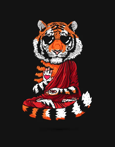 Tigre Bouddha Moine Aux Lunettes Soleil Bouddhiste Robe Bordeaux Tigre — Image vectorielle