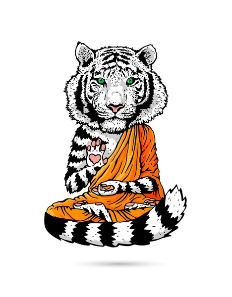 Tigre Blanc Bouddha Moine Bouddhiste Robe Orange Tigre Position Lotus — Image vectorielle