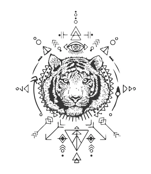 Tête Tigre Géométrie Sacrée Plan Détaillé Tigre Illustration Vectorielle Isolée — Image vectorielle