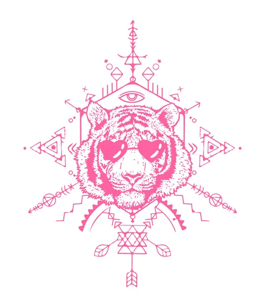 Tête Tigre Rose Lunettes Soleil Géométrie Sacrée Plan Détaillé Tigre — Image vectorielle