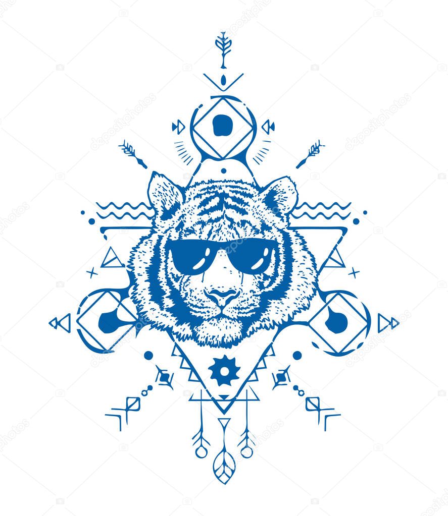 Tiger head in sunglasses. Sacred geometry. Detailed drawing of a tiger. Vector illustration isolated on white background. The symbol of the new year 2022. T-shirt print.