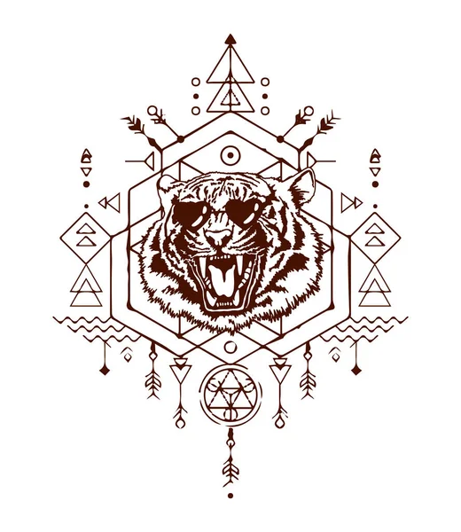 怒气冲冲的戴太阳镜的虎头 老虎的咯咯笑 神圣的几何图形T恤打印 详细画了一只老虎 在白色背景上孤立的向量图解 2022年新年的象征 — 图库矢量图片