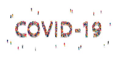 Covid-19 'da maskeli bir grup var. Koronavirüs enfeksiyonu kavramı, hastalıkla mücadele, viral hastalık salgını. Vektör illüstrasyonu beyaz arkaplanda izole edildi.