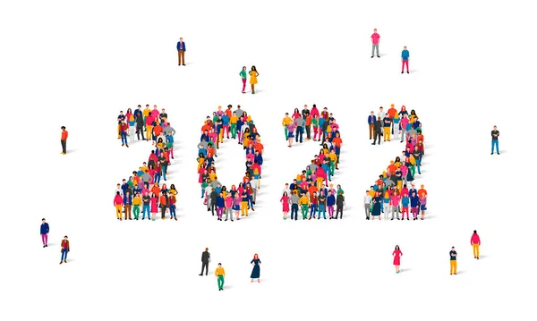 Велика Група Людей Стоїть Малюнку 2022 Року Концепція Новорічного Вітального — стоковий вектор