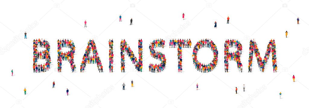 A large group of people stands in the word Brainstorming. Concept of people work, brain work, ideas, thoughts, meeting, future, innovation. Vector illustration isolated on white background.