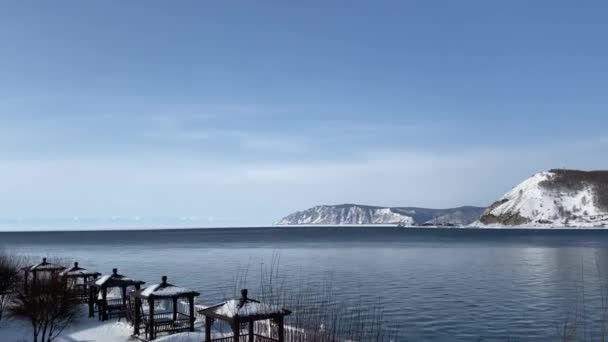 Panorama Del Río Angara Cerca Del Lago Baikal Invierno Pequeñas — Vídeo de stock