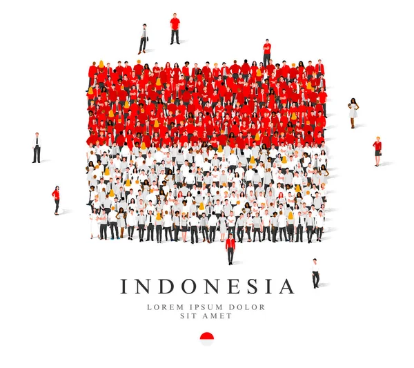 Большая Группа Людей Стоит Красно Белых Одеждах Символизирующих Флаг Индонезии — стоковый вектор