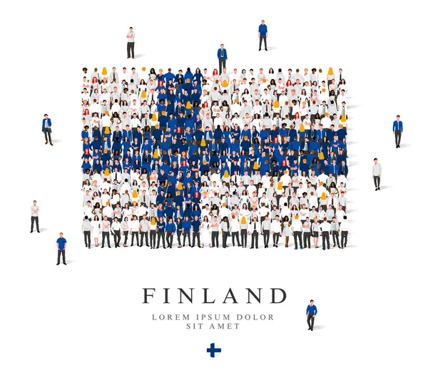 Большая Группа Людей Стоит Белых Синих Одеждах Символизирующих Флаг Финляндии — стоковый вектор