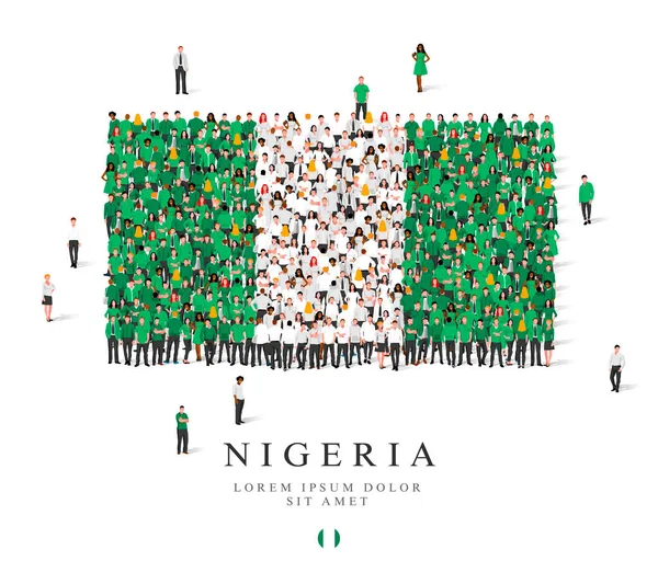 Велика Група Людей Стоїть Зеленому Білому Вбранні Символізує Прапор Нігерії — стоковий вектор
