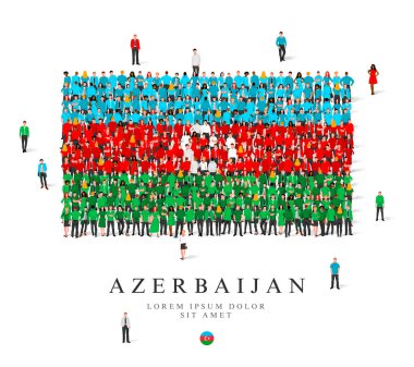 Büyük bir grup insan Azerbaycan bayrağını sembolize eden mavi, yeşil, beyaz ve kırmızı bornozlarla ayakta duruyor. Beyaz arkaplanda vektör çizimi izole edildi. İnsanlardan yapılmış Azerbaycan bayrağı.