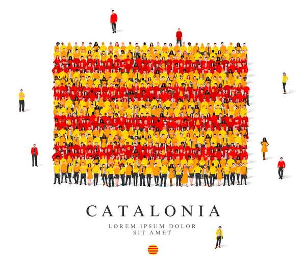 Велика Група Людей Стоїть Жовтому Червоному Вбранні Символізує Прапор Каталонії — стоковий вектор