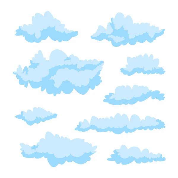 Blue Beautiful Fluffy Curly Clouds White Background Vector Illustration Set — Stock Vector