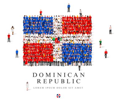 Dominik Cumhuriyeti bayrağını sembolize eden büyük bir grup insan mavi, beyaz ve kırmızı bornozlarla ayakta duruyor. Beyaz arkaplanda vektör çizimi izole edildi. İnsanlardan oluşan Dominik Cumhuriyeti bayrağı.