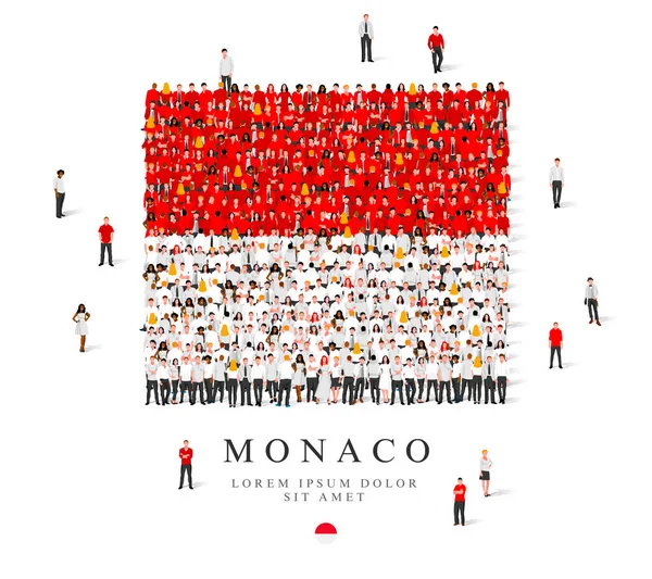 Egy Nagy Csoport Ember Áll Fehér Piros Köntösben Szimbolizálva Monaco — Stock Vector