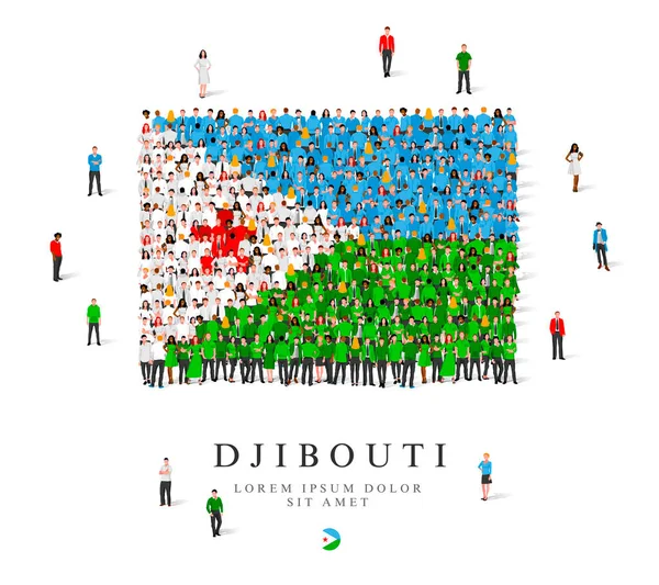 A large group of people are standing in blue, green, white and red robes, symbolizing the flag of Djibouti. Vector illustration isolated on white background. Djibouti flag made of people.