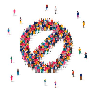 Kalabalık bir grup, dur işaretinin önünde duruyor. Seyahat yasaktır. İnsanlardan yasaklanmış bir işaret. Beyaz arkaplanda vektör çizimi izole edildi. Güvenlik.