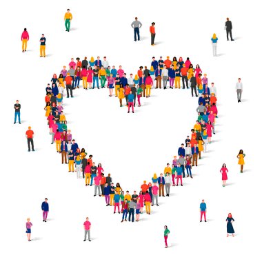 Büyük bir grup insan bir kalp şeklinde ayakta duruyor. Aşk, ilişkiler, duygular, romantizm, aile kavramı. Vektör illüstrasyonu beyaz arkaplanda izole edildi.
