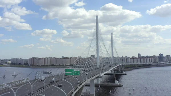 Úžasný Výhled Západní Vysokorychlostní Průměr Města Petrohradu Silnice Velkým Mostem — Stock fotografie